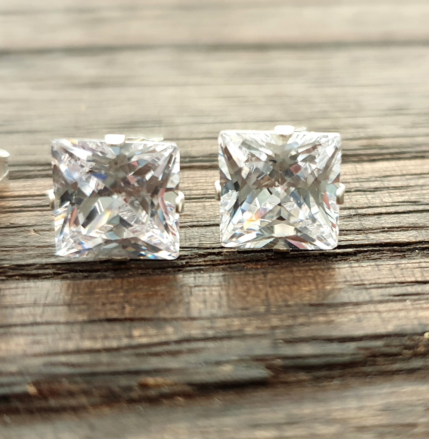 Sterling Silver Square Cut CZ Stud Earrings, Cubic Zirconia Stud Earrings Choose: 3mm to 9mm