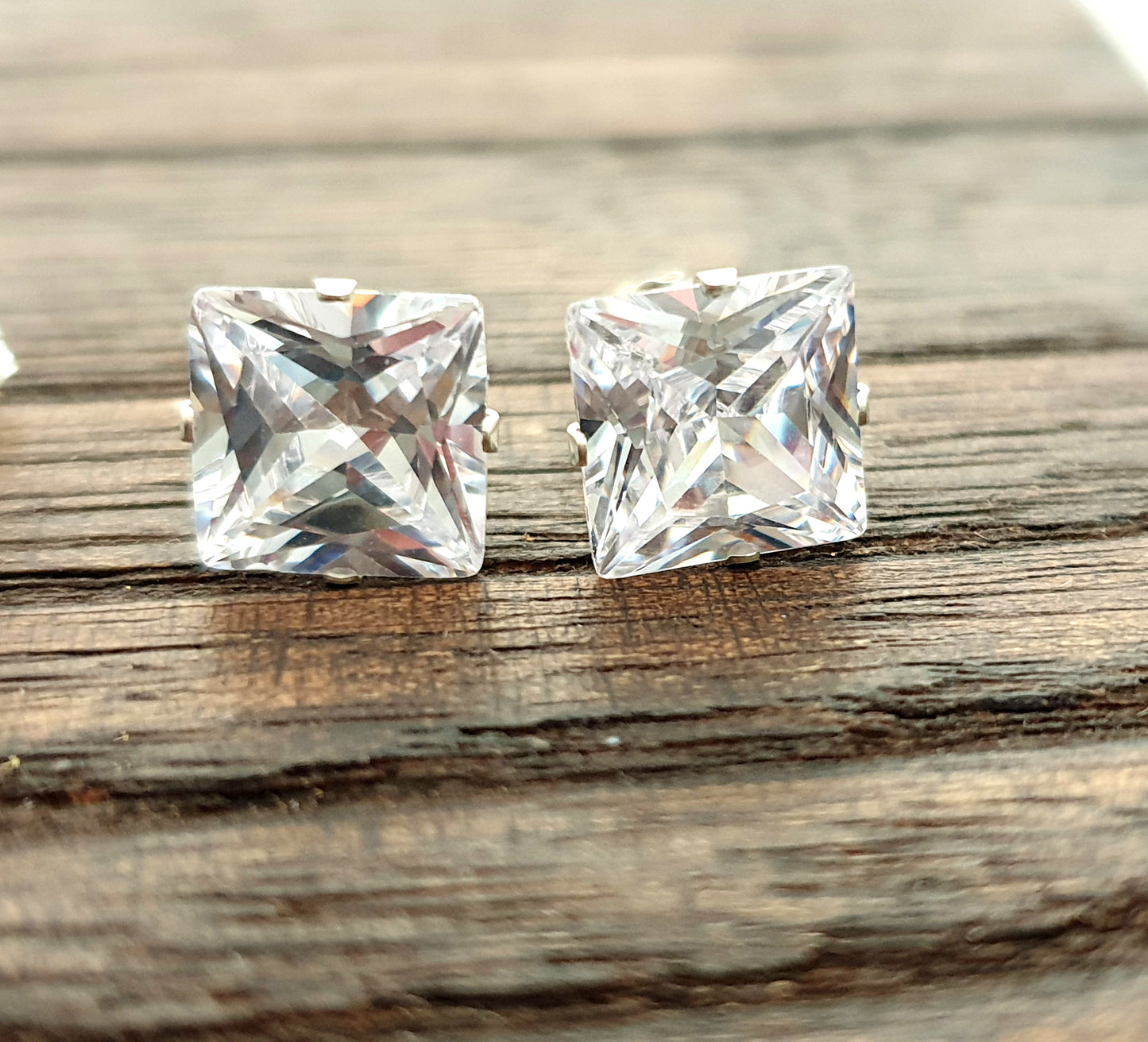Sterling Silver Square Cut CZ Stud Earrings, Cubic Zirconia Stud Earrings Choose: 3mm to 9mm