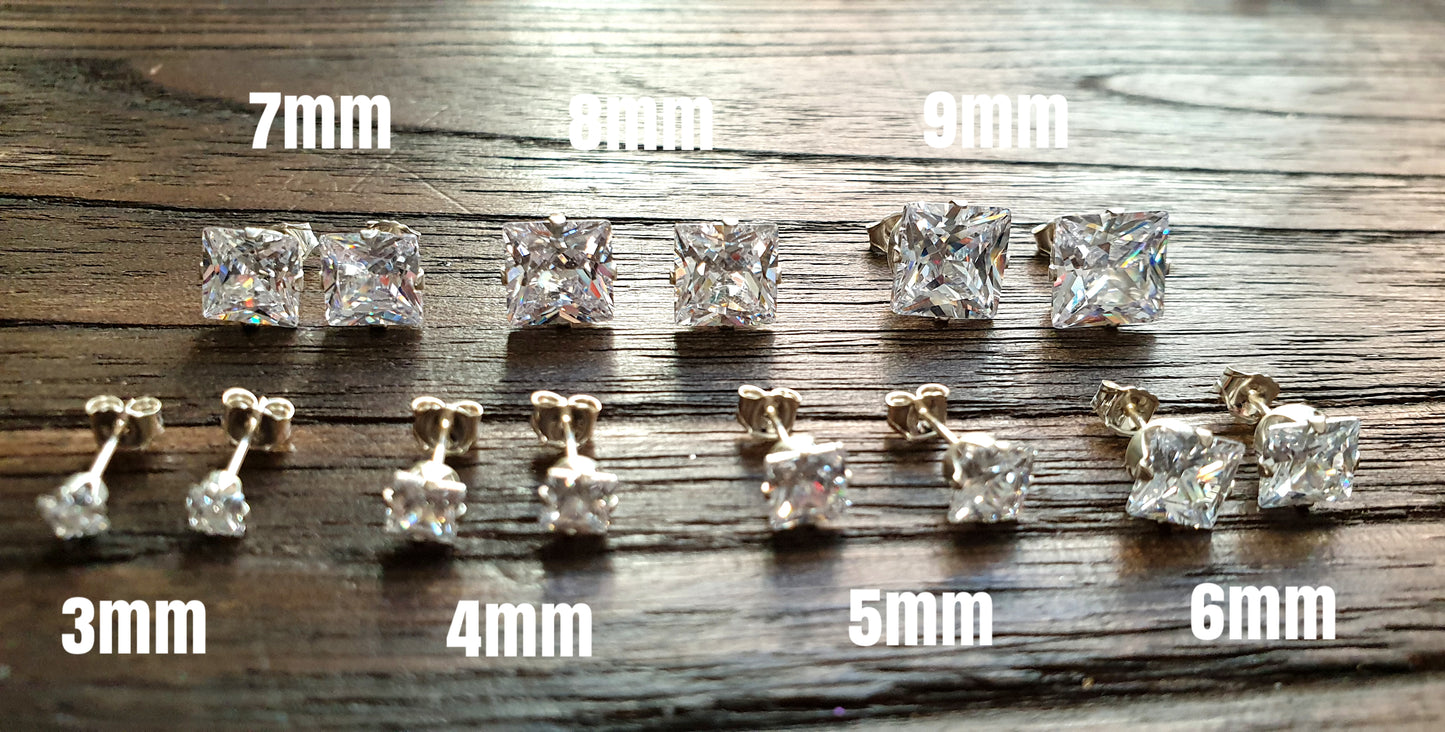 Sterling Silver Square Cut CZ Stud Earrings, Cubic Zirconia Stud Earrings Choose: 3mm to 9mm