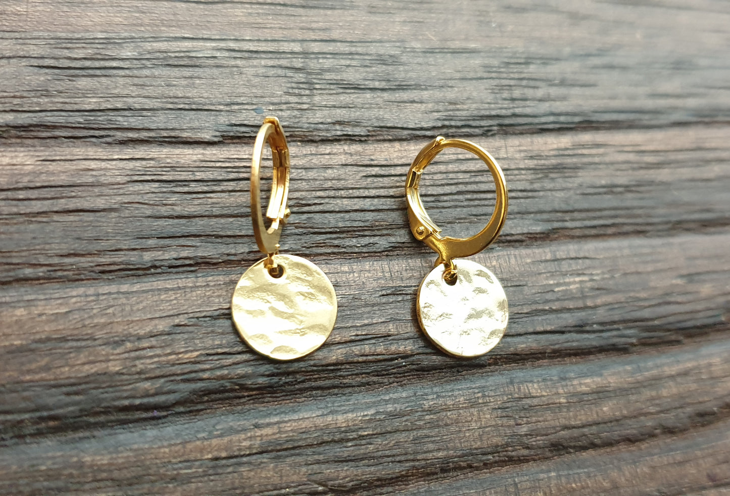 Gold Hammered Circle Disc Leverback Earrings, Stainless Steel Dangle Leverback