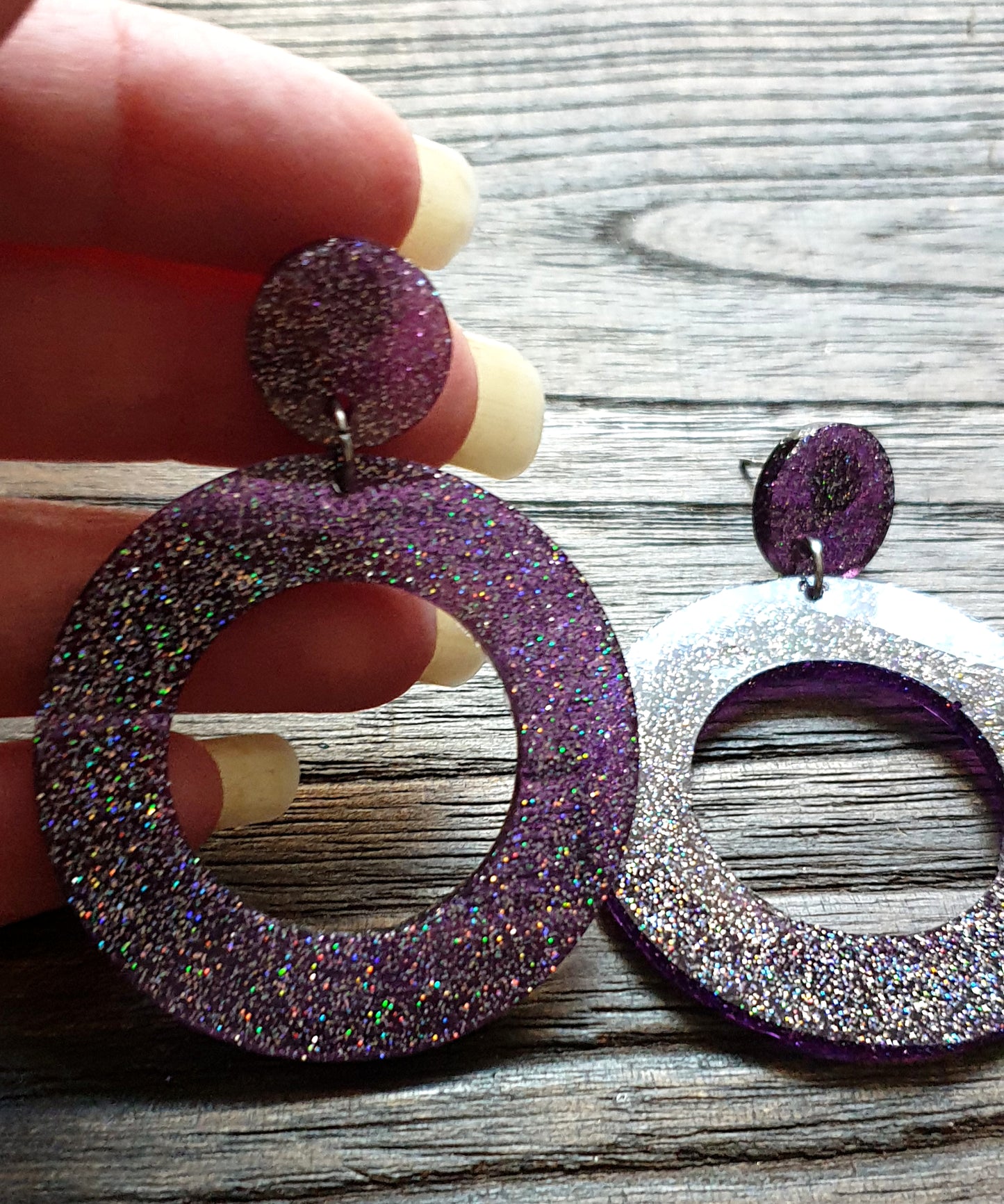 Circle Hoop Purple Holographic Glitter Earrings, Dangle Statement Earrings