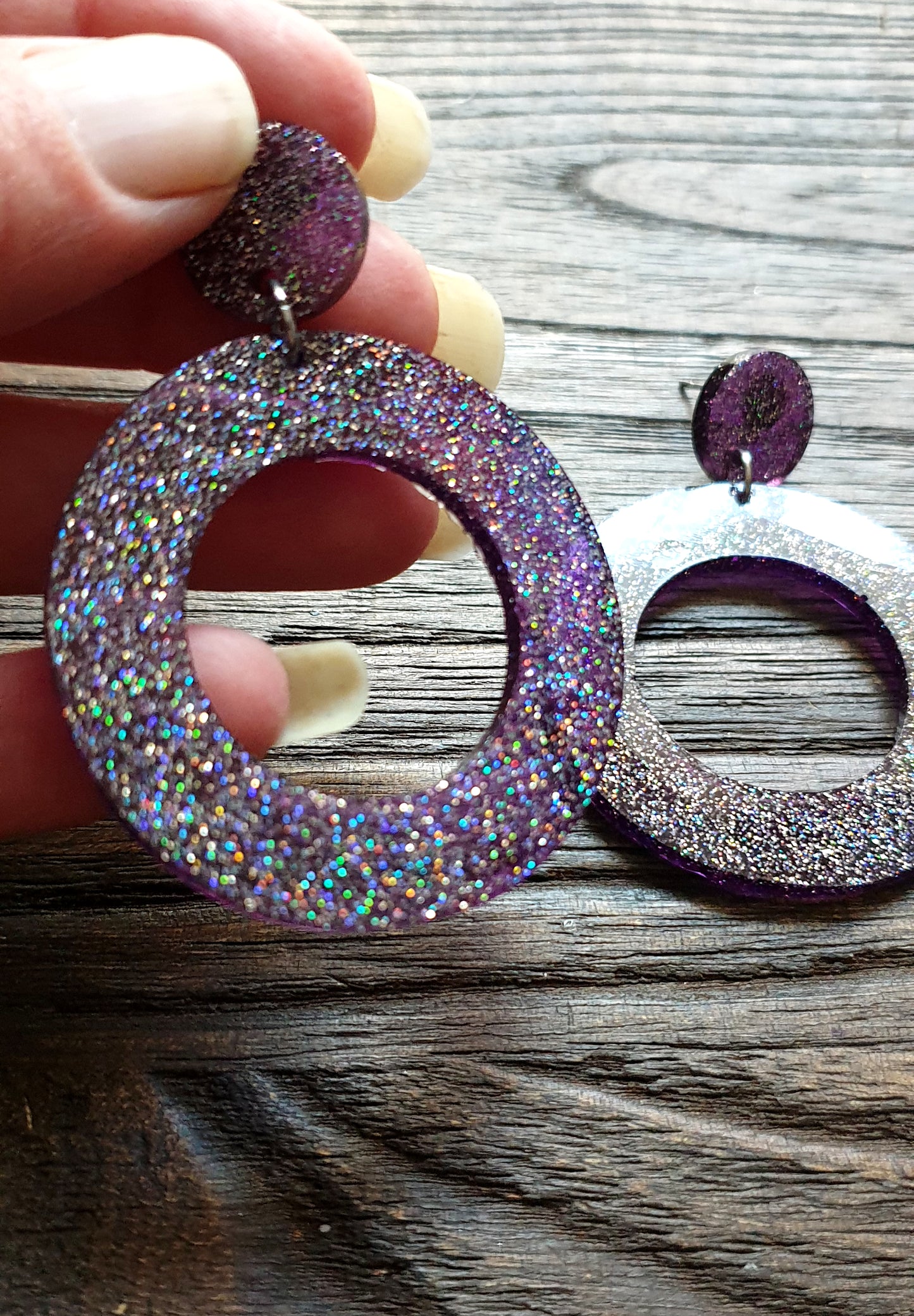 Circle Hoop Purple Holographic Glitter Earrings, Dangle Statement Earrings