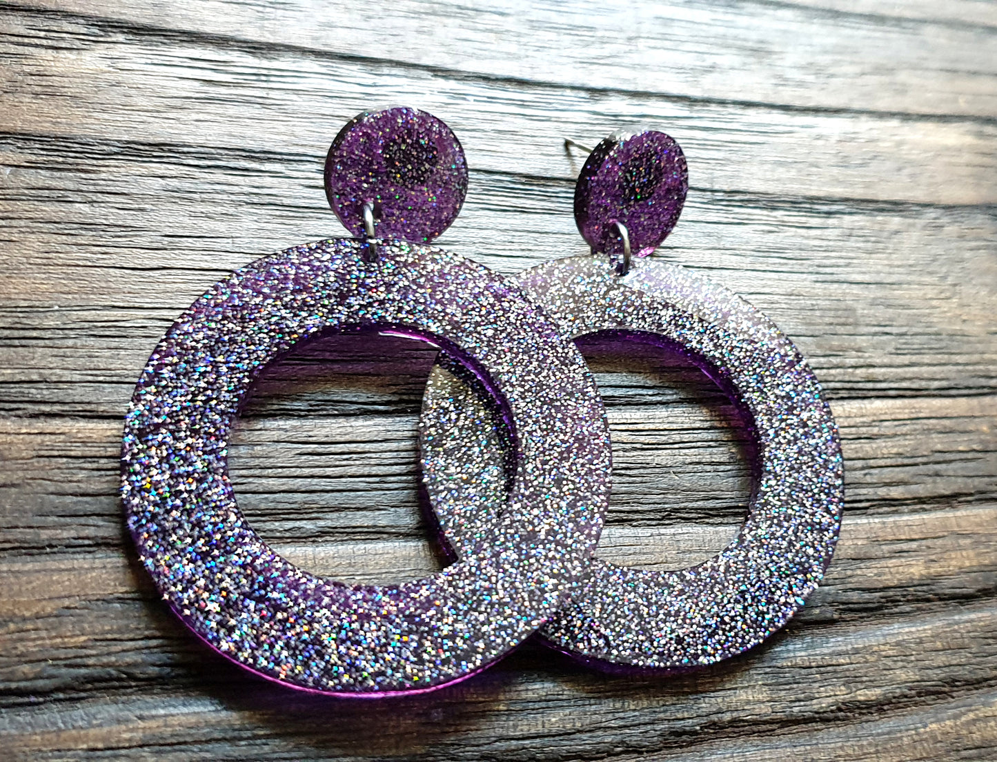 Circle Hoop Purple Holographic Glitter Earrings, Dangle Statement Earrings