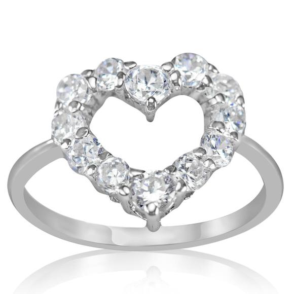Sterling Silver Rhodium Plated Open Heart Cubic Zirconia Ring - Silver and Resin Designs
