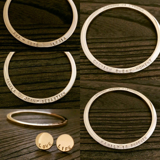 Stainless Steel Hand Stamped Personalised Bangle Choose Colour Silver, Gold, Rose Gold & Size - Silver and Resin Designs