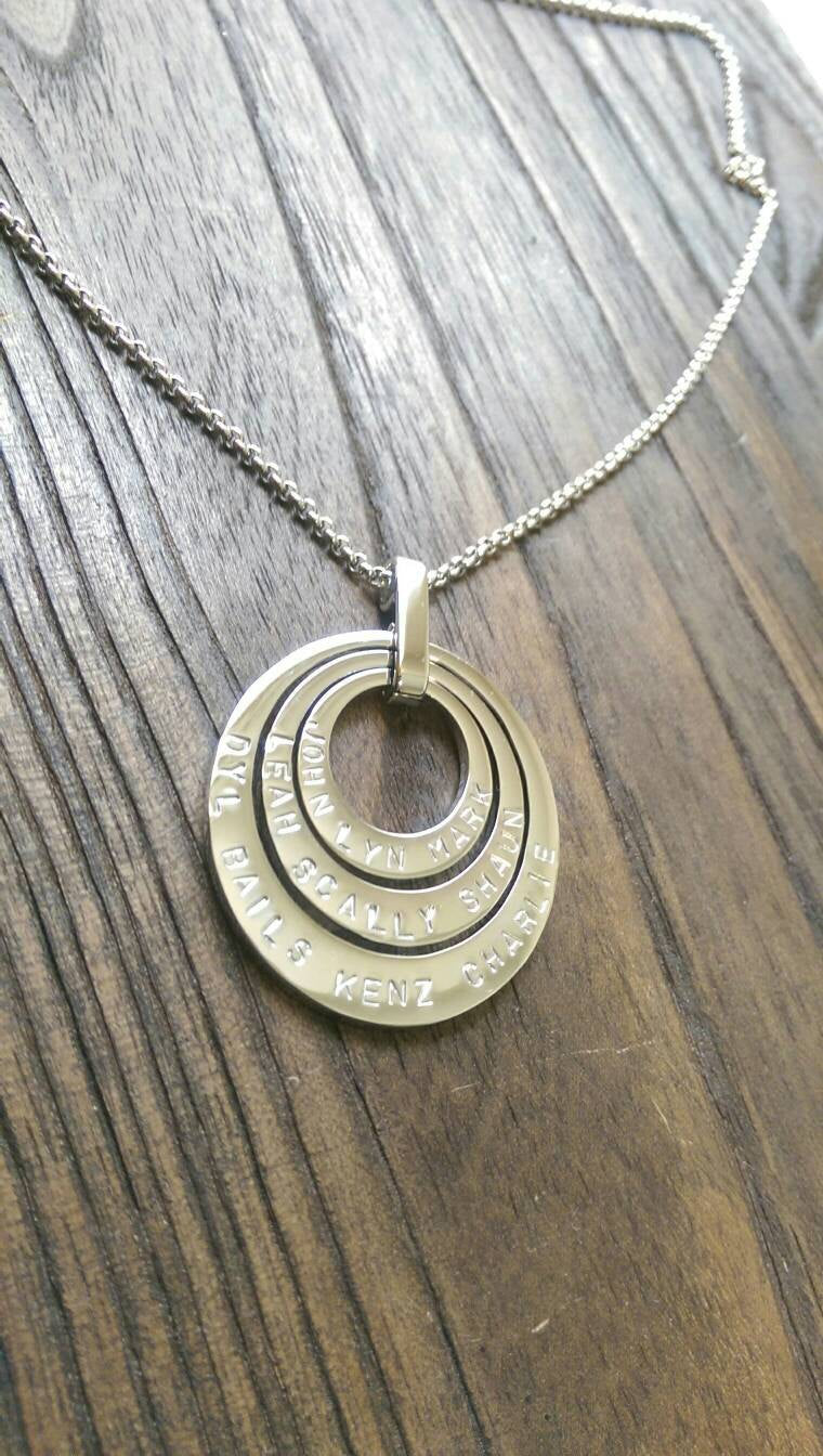 Personalised Three Offset Oval Hand Stamped Name Necklace add names or words Stainless Steel - Silver and Resin Designs