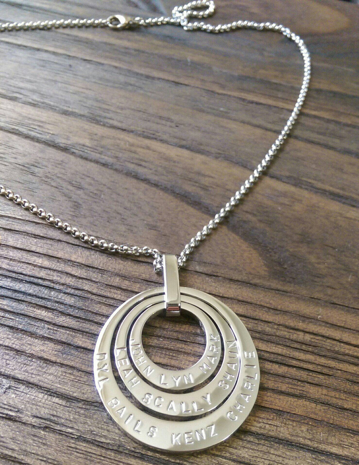 Personalised Three Offset Oval Hand Stamped Name Necklace add names or words Stainless Steel - Silver and Resin Designs