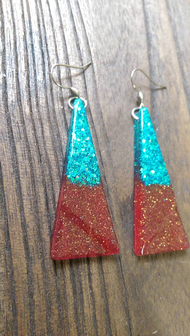 Triangle Long Earrings, Red Turquoise Sparkly Glitter Resin Earrings Stainless Steel