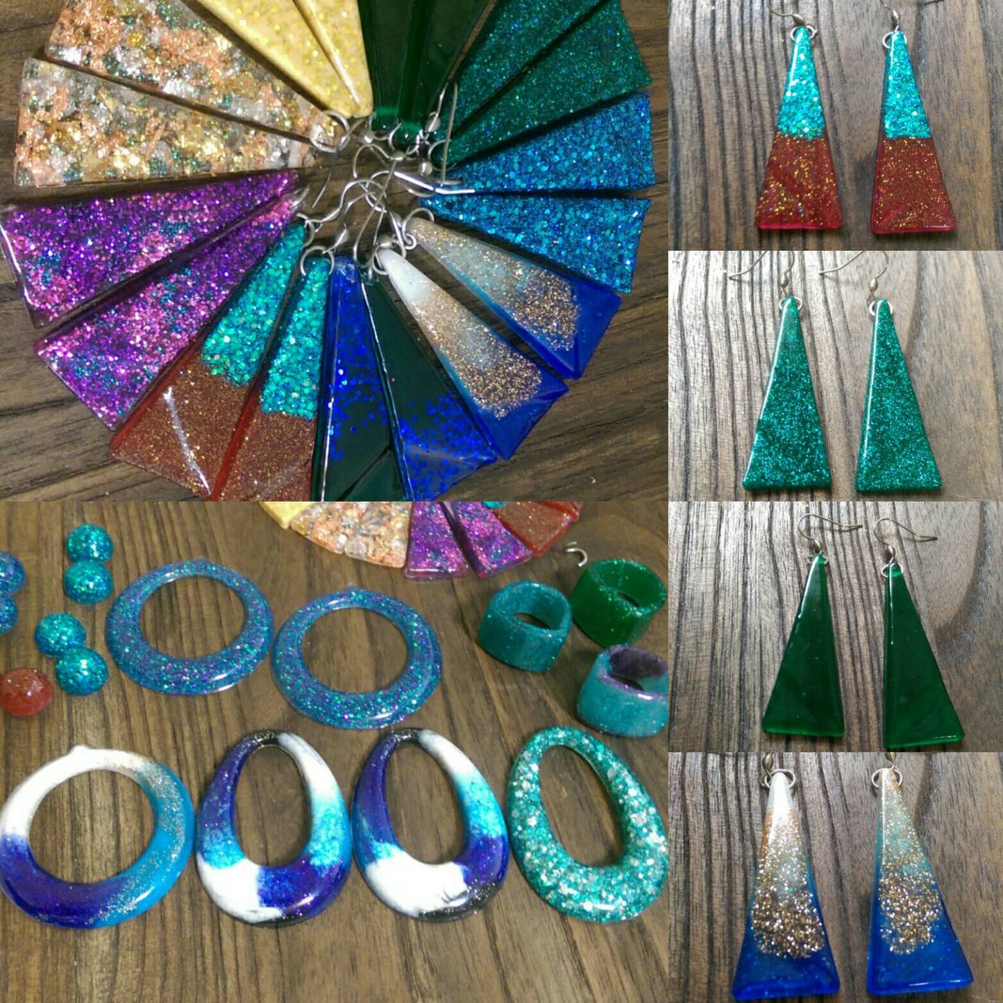 Triangle Long Earrings, Red Turquoise Sparkly Glitter Resin Earrings Stainless Steel