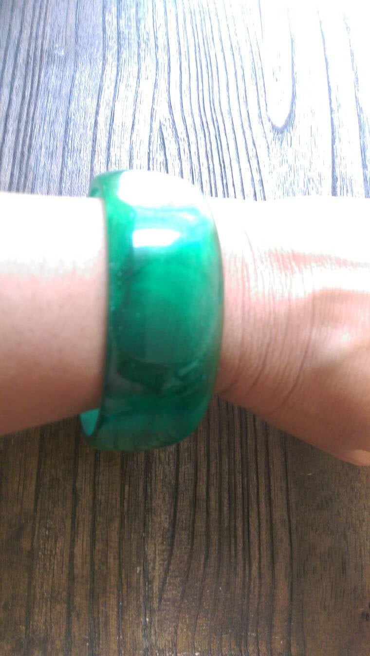 Green Wide Resin Bangle, Shiny Shades of Green Resin Handmade Bangle 67mm inner diameter
