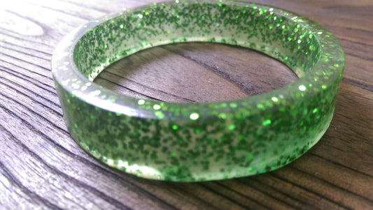 Green Glitter Resin Bangle, Sparkly Glitter Resin Handmade, Wide Bangle