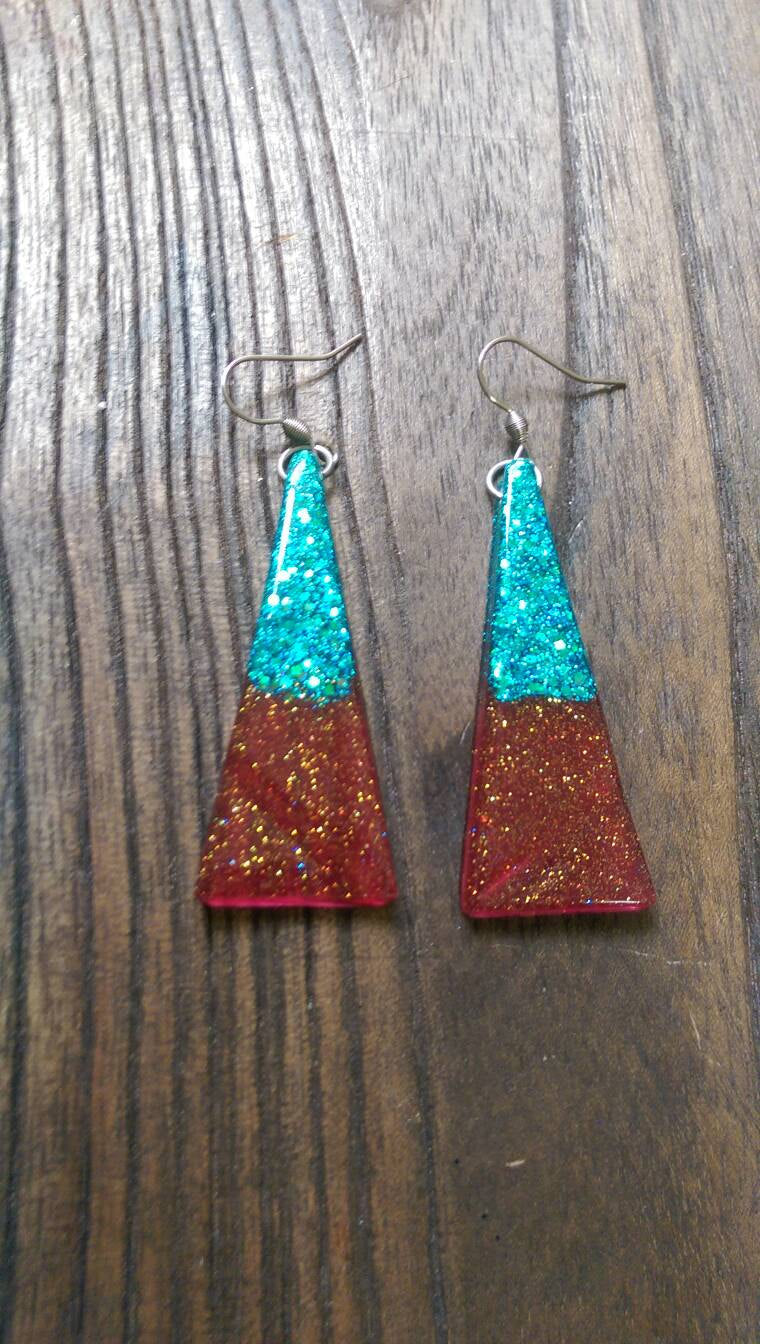 Triangle Long Earrings, Red Turquoise Sparkly Glitter Resin Earrings Stainless Steel
