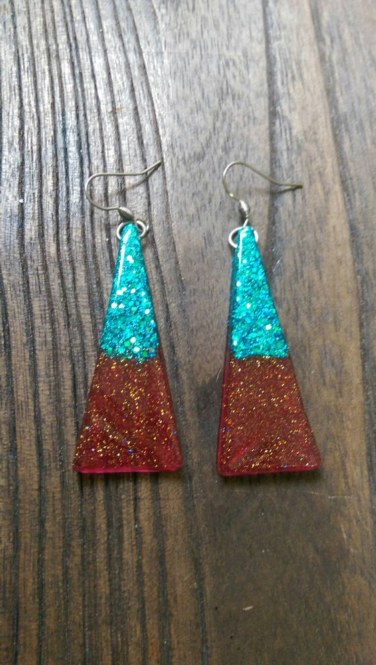 Triangle Long Earrings, Red Turquoise Sparkly Glitter Resin Earrings Stainless Steel
