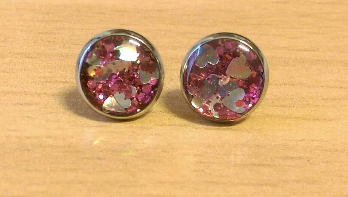 Heart Resin Stud Glitter Earrings Stainless Steel 10mm