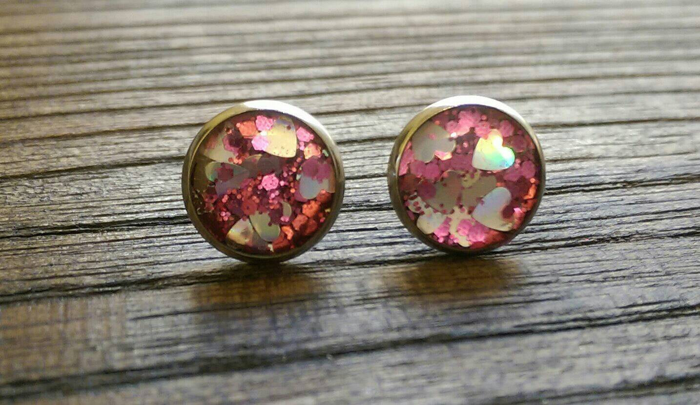 Heart Resin Stud Earrings made glitter and Stainless Steel 10mm - Silver and Resin Designs