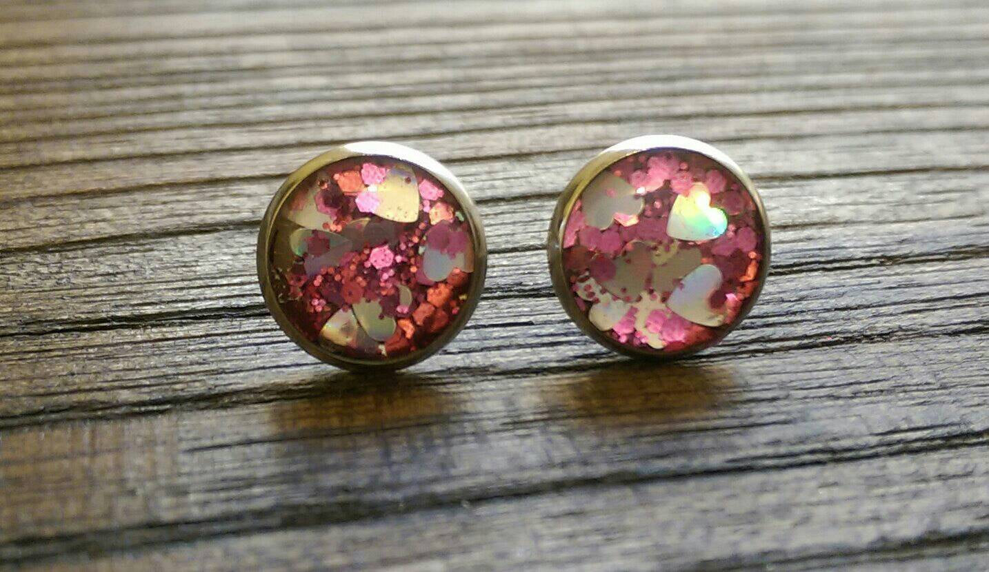 Heart Resin Stud Glitter Earrings Stainless Steel 10mm
