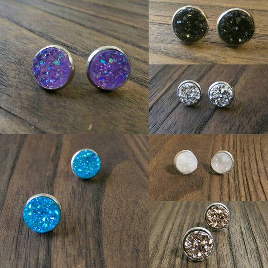 Sparkly Faux Druzy Stud Earrings made of Stainless Steel 12mm Black, Aqua, Silver, Rose Gold, Purple or White