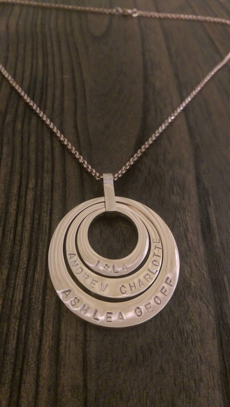 Rose Gold Personalised Necklace Three Offset Oval Hand Stamped Name Necklace add names or words Stainless Steel. Choose Gold or Rose Gold