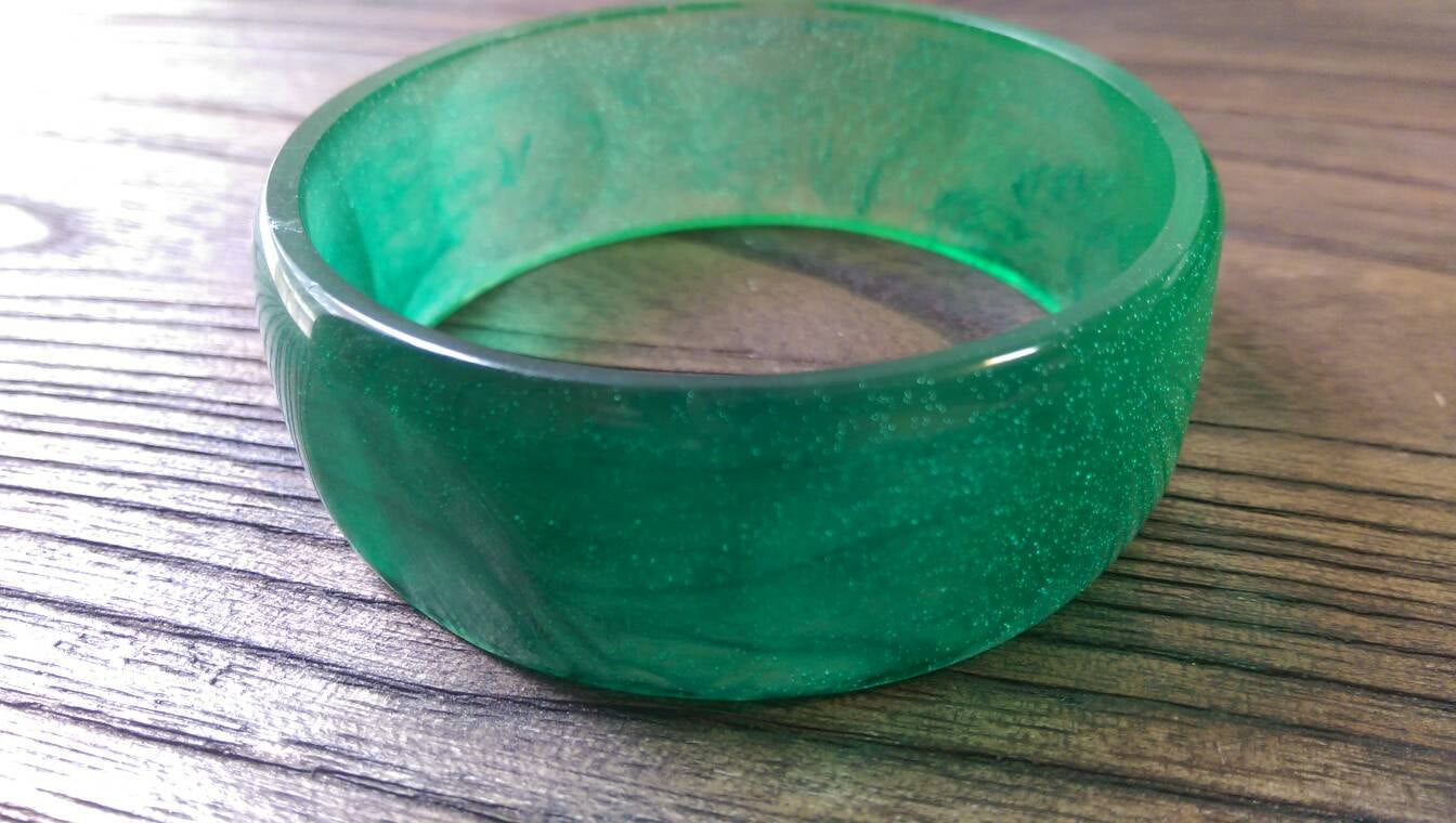 Green Wide Resin Bangle, Shiny Shades of Green Resin Handmade Bangle 67mm inner diameter