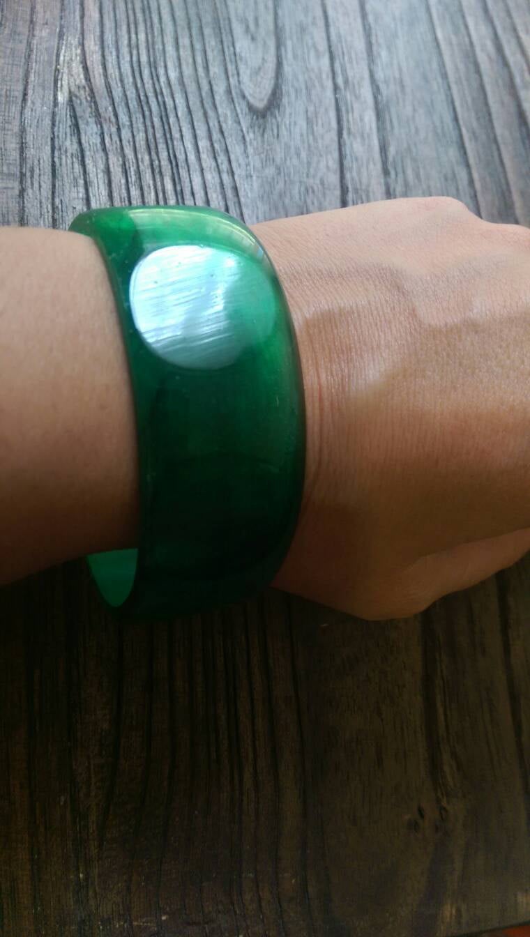 Green Wide Resin Bangle, Shiny Shades of Green Resin Handmade Bangle 67mm inner diameter