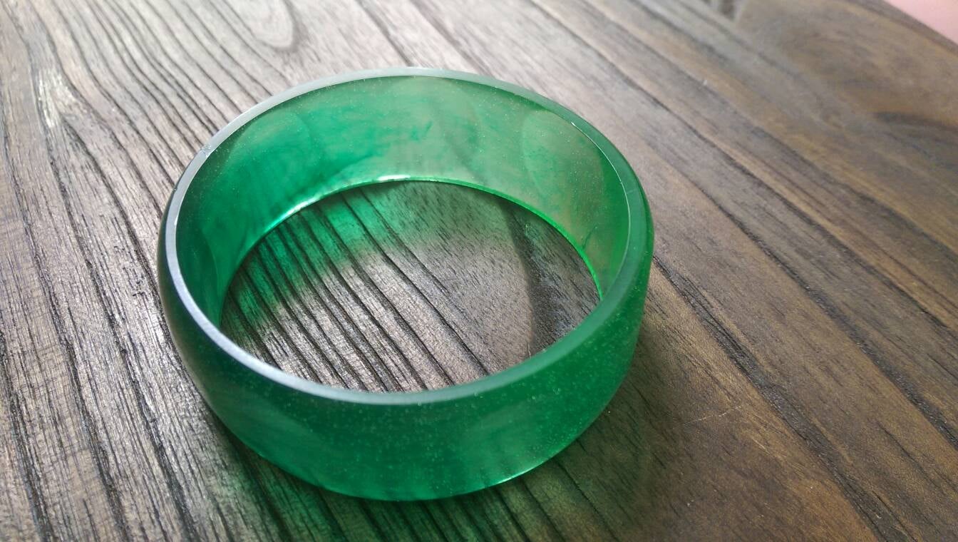 Green Wide Resin Bangle, Shiny Shades of Green Resin Handmade Bangle 67mm inner diameter