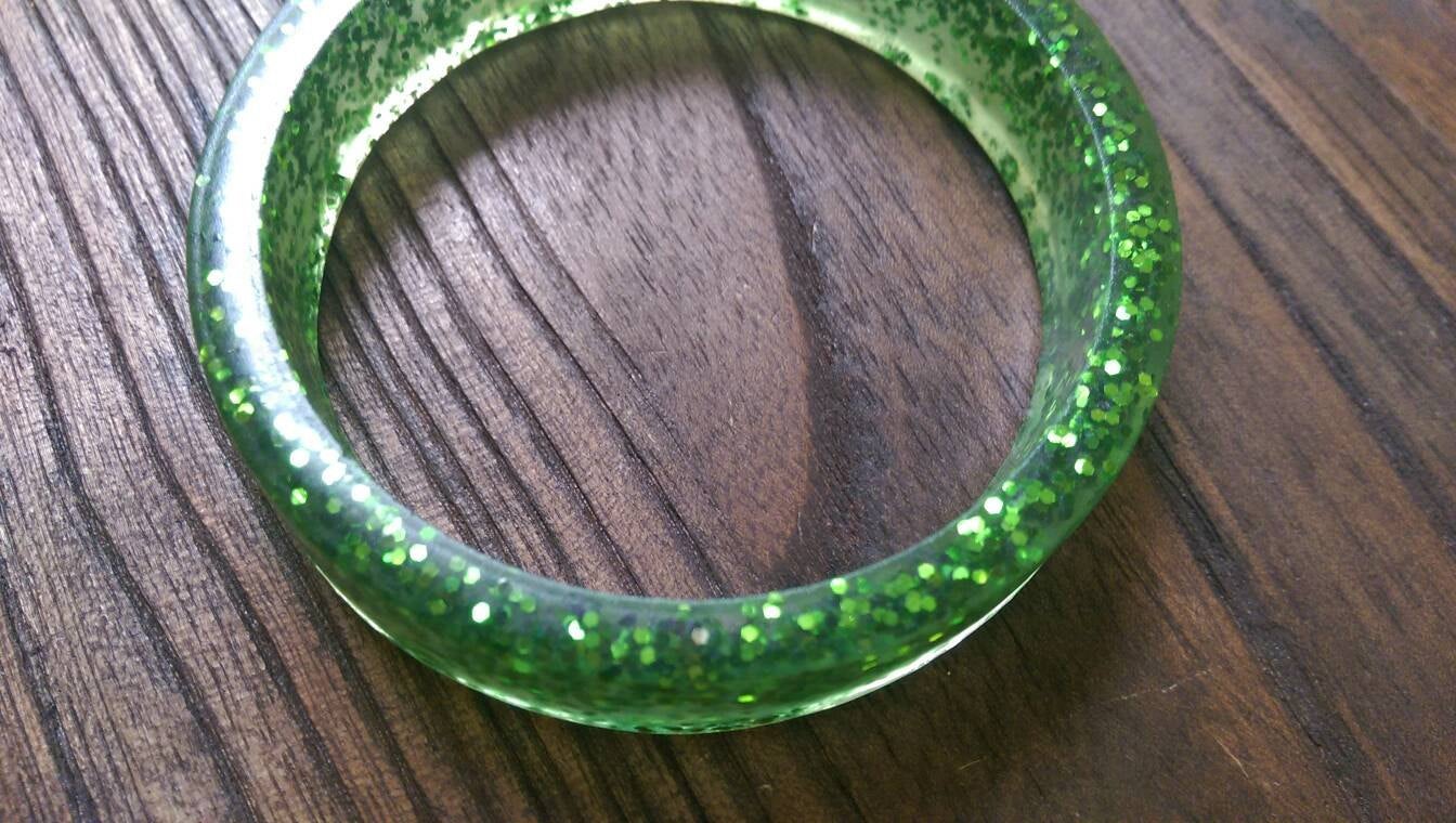 Green Glitter Resin Bangle, Sparkly Glitter Resin Handmade, Wide Bangle
