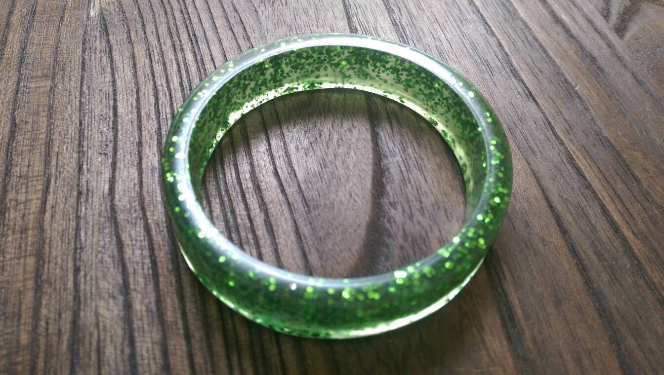 Green Glitter Resin Bangle, Sparkly Glitter Resin Handmade, Wide Bangle