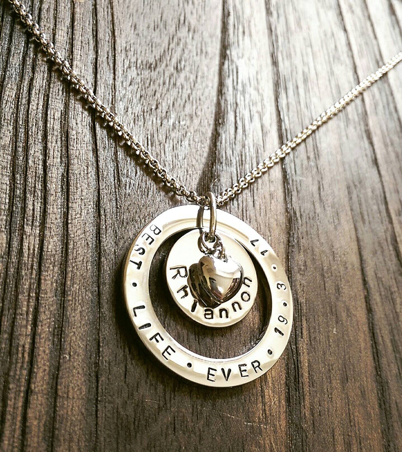 Personalised Hand Stamped Name Necklace add names or words with Heart charm - Silver and Resin Designs