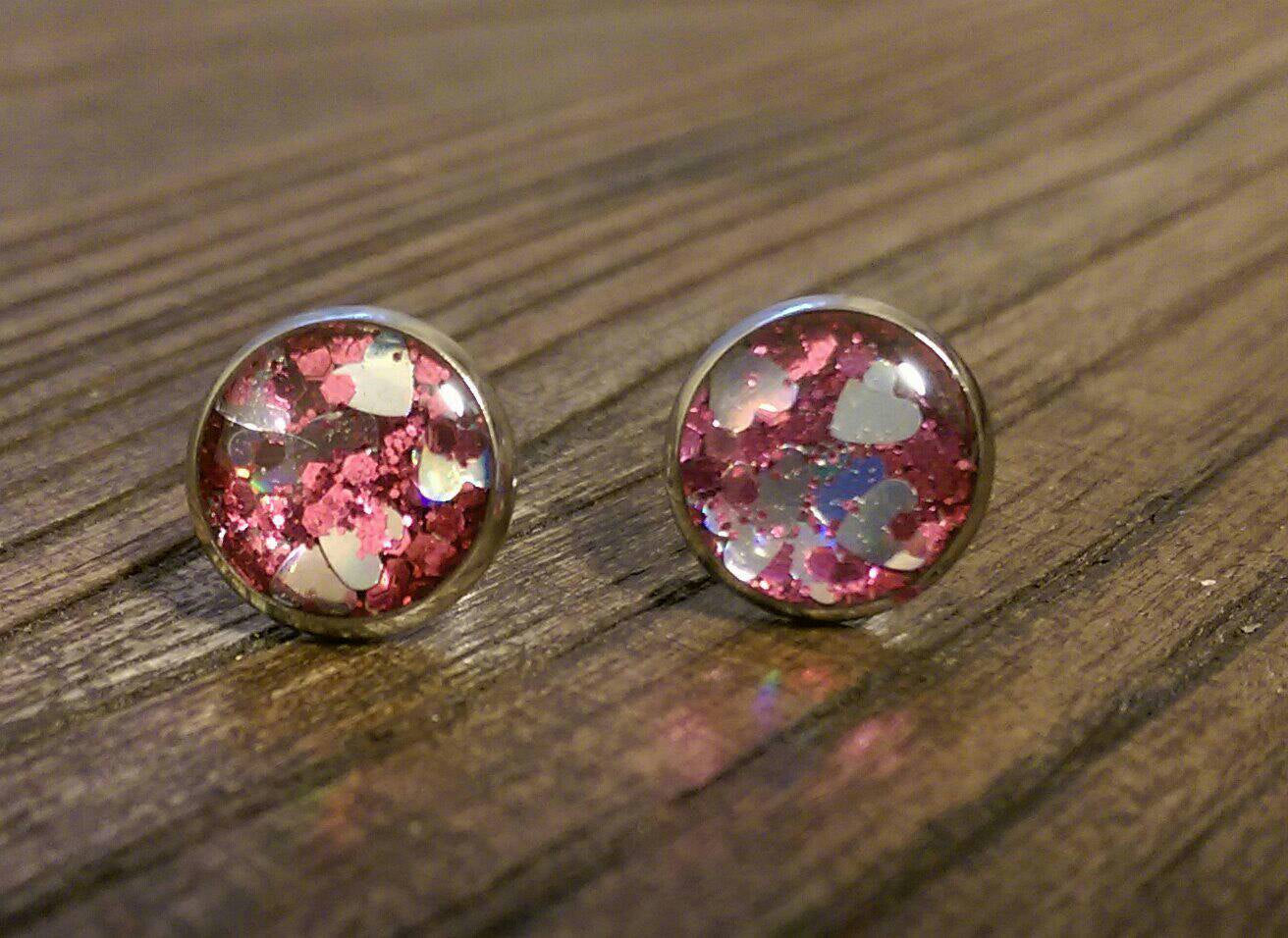 Heart Resin Stud Glitter Earrings Stainless Steel 10mm