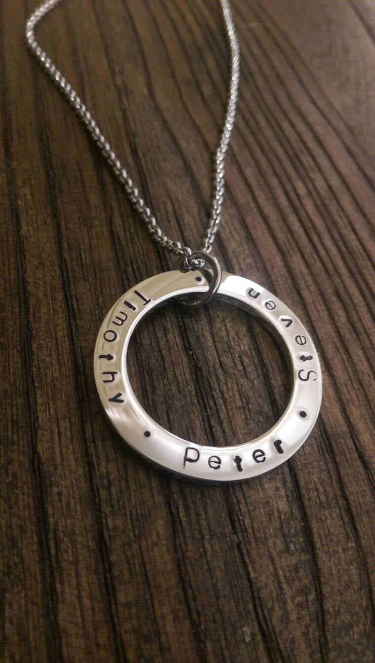 Personalised Necklace, Hand Stamped Name Necklace add names or words 38mm Pendant 2mm thick