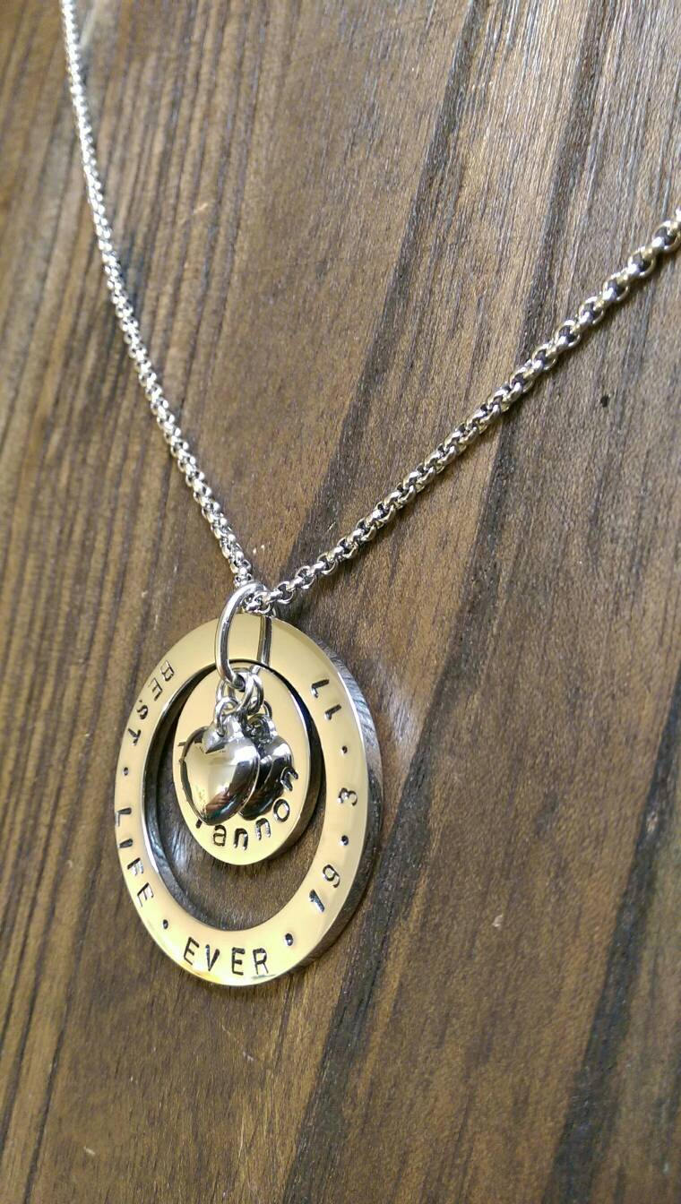 Personalised Hand Stamped Name Necklace add names or words with Heart charm - Silver and Resin Designs