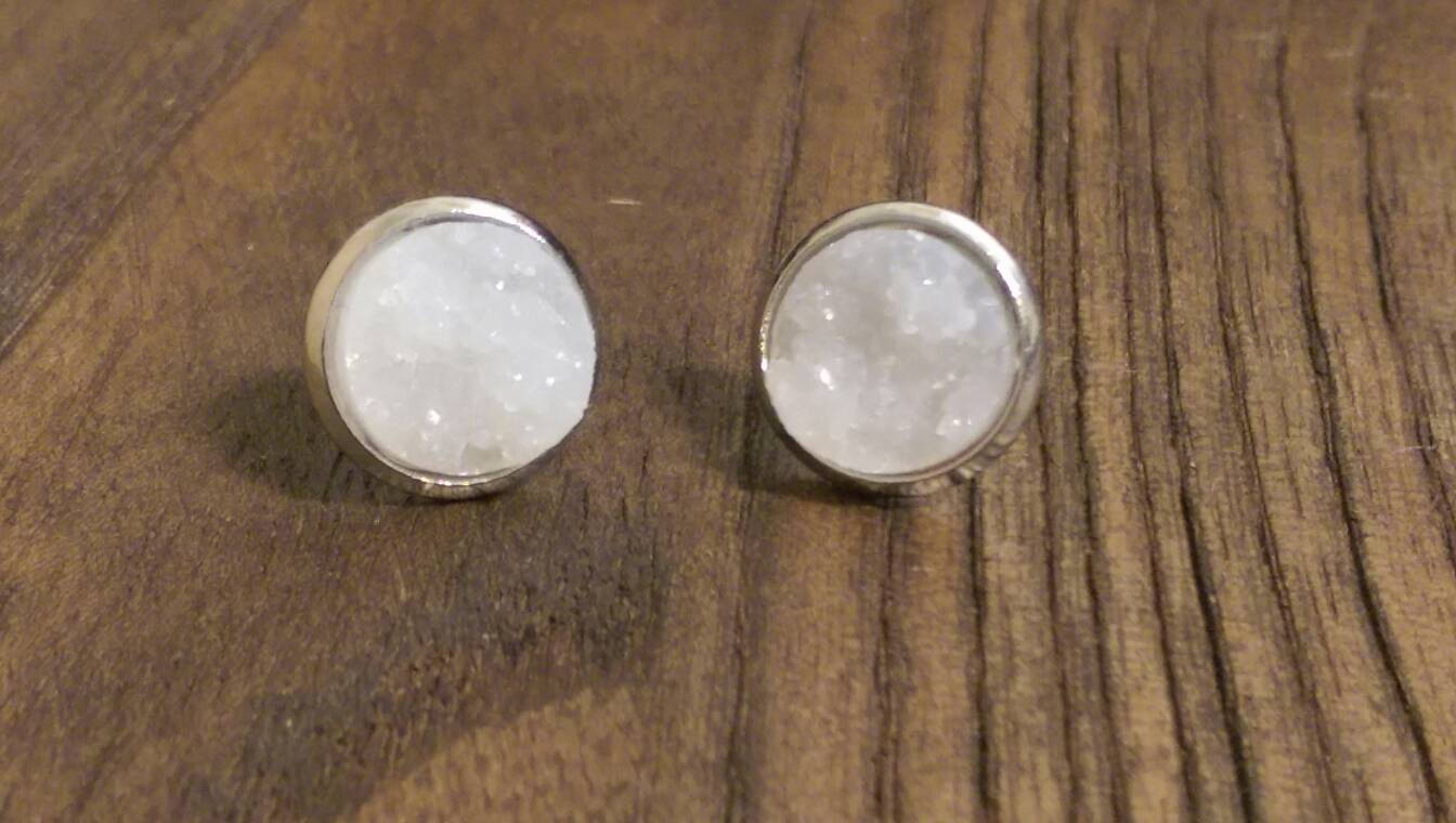 Sparkly Faux Snow White Sparkly Druzy Stud Earrings made of Stainless Steel 12mm