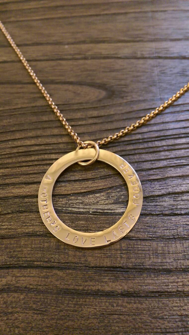 Stainless Steel Rose Gold Personalised Hand Stamped Name Necklace 38mm "A Mothers love lasts forever" Made ready to post.