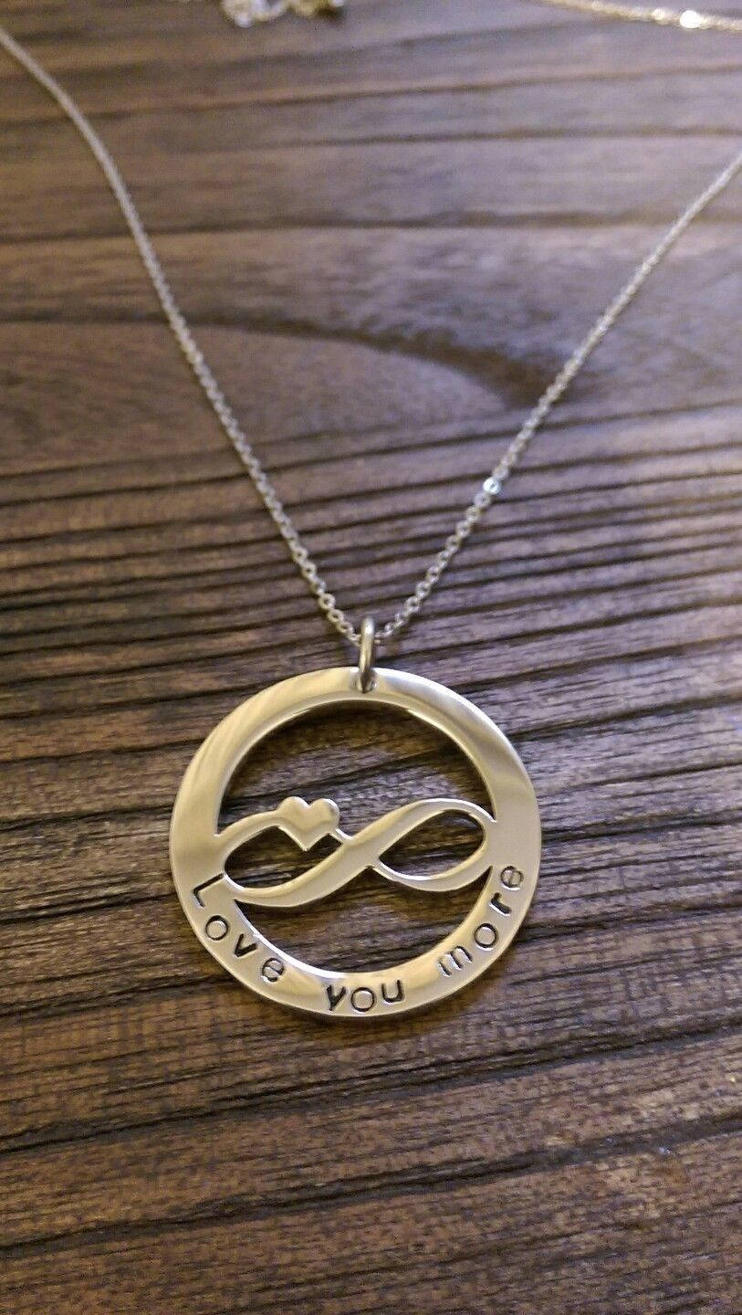 Hand Stamped Infinity Circle Design 32mm Silver Personalised Necklace "Love you more" - Silver and Resin Designs