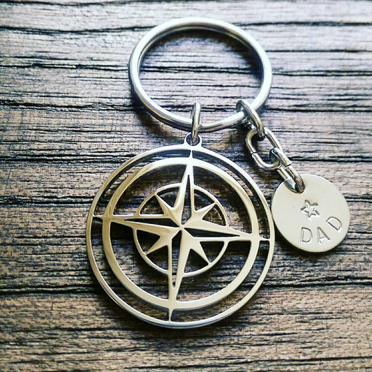 Personalised Hand Stamped Compass Key Ring Stainless Steel, Fathers Day Gift, Journey Gift