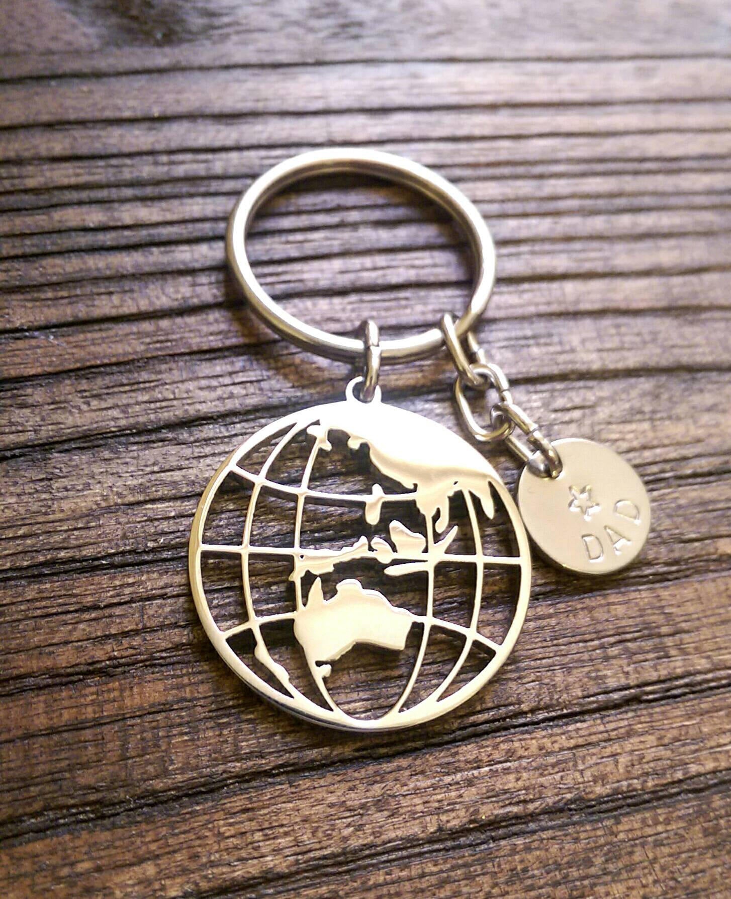 Personalised Hand Stamped Globe Key Ring Stainless Steel - Silver and Resin Designs