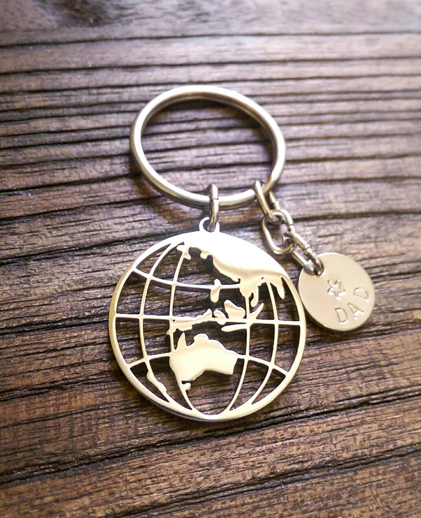 Personalised Hand Stamped Globe Key Ring Stainless Steel, Fathers Day Gift, Journey Gift