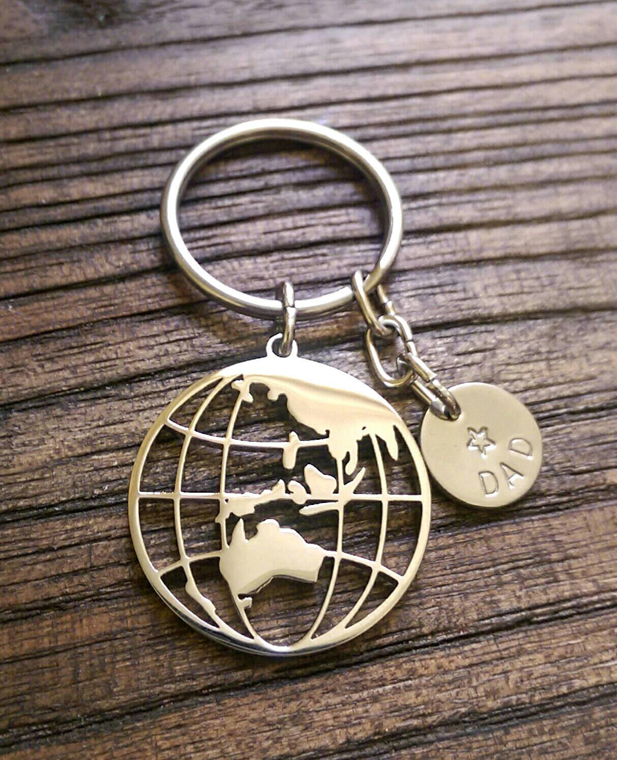 Personalised Hand Stamped Globe Key Ring Stainless Steel, Fathers Day Gift, Journey Gift