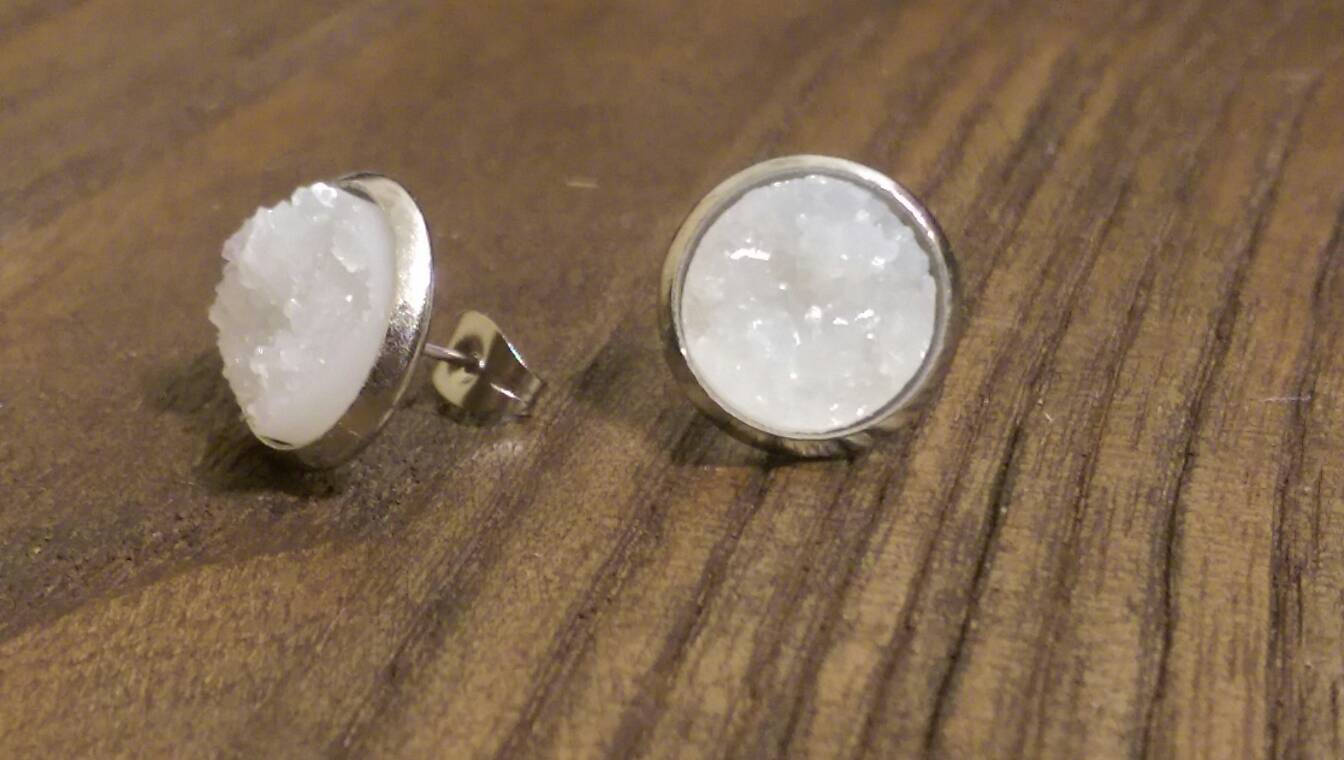 Sparkly Faux Snow White Sparkly Druzy Stud Earrings made of Stainless Steel 12mm