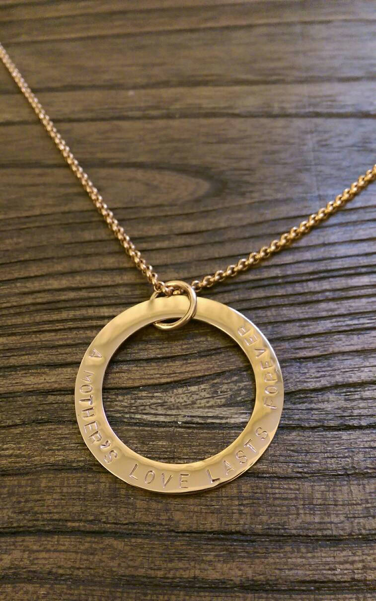 Stainless Steel Rose Gold Personalised Hand Stamped Name Necklace 38mm "A Mothers love lasts forever" Made ready to post.