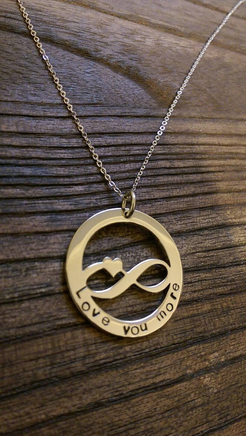 Hand Stamped Infinity Circle Design 32mm Silver Personalised Necklace "Love you more" - Silver and Resin Designs