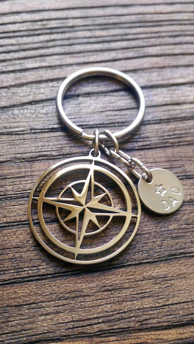Personalised Hand Stamped Compass Key Ring Stainless Steel, Fathers Day Gift, Journey Gift