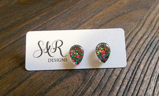 Sparkly Christmas Glitter Teardrops Glass Glitter Resin Stud Earrings made of Stainless Steel 10mm X 15mm