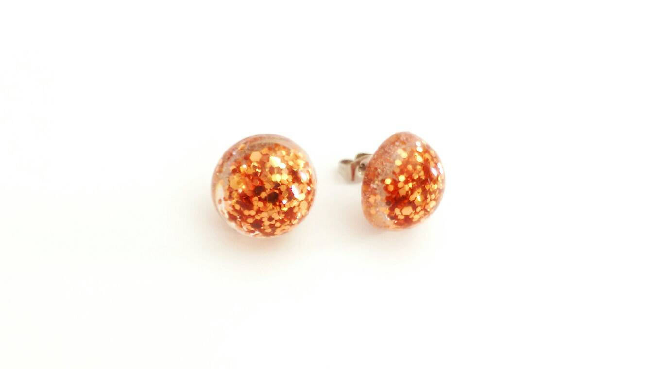 Sparkly Glitter Resin Circle Stud earrings 16mm Copper mix stainless steel - Silver and Resin Designs