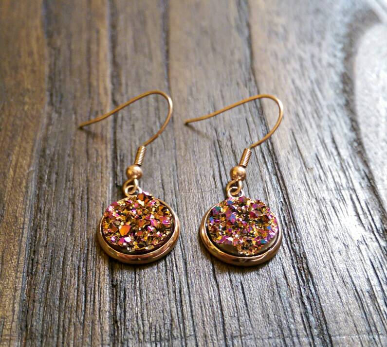 Sparkly Faux Druzy Stud Earrings made of Stainless Steel Rose Gold, Pink Rose Duzy