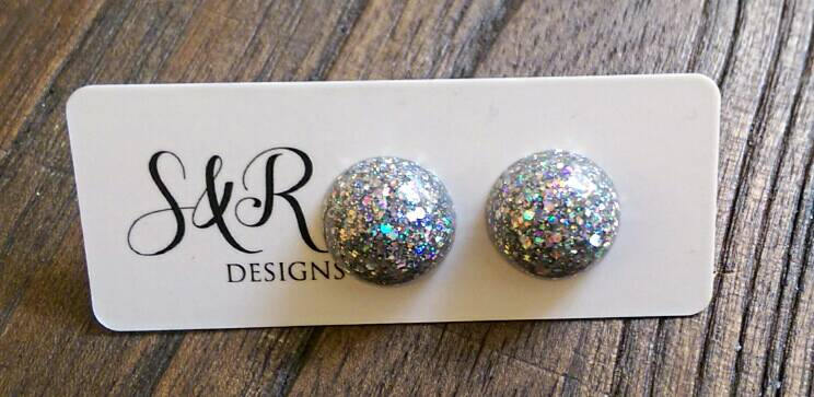 Glamour Glitter Resin Circle Stud earrings, Silver Holographic Glitter Earrings,  stainless steel - Silver and Resin Designs