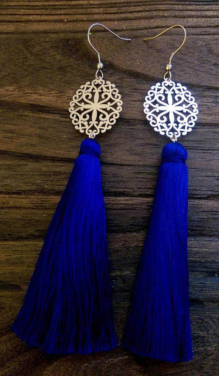 Stainless Steel Filigree Design Tassel Earrings. Choose Colour - Silver and Resin Designs