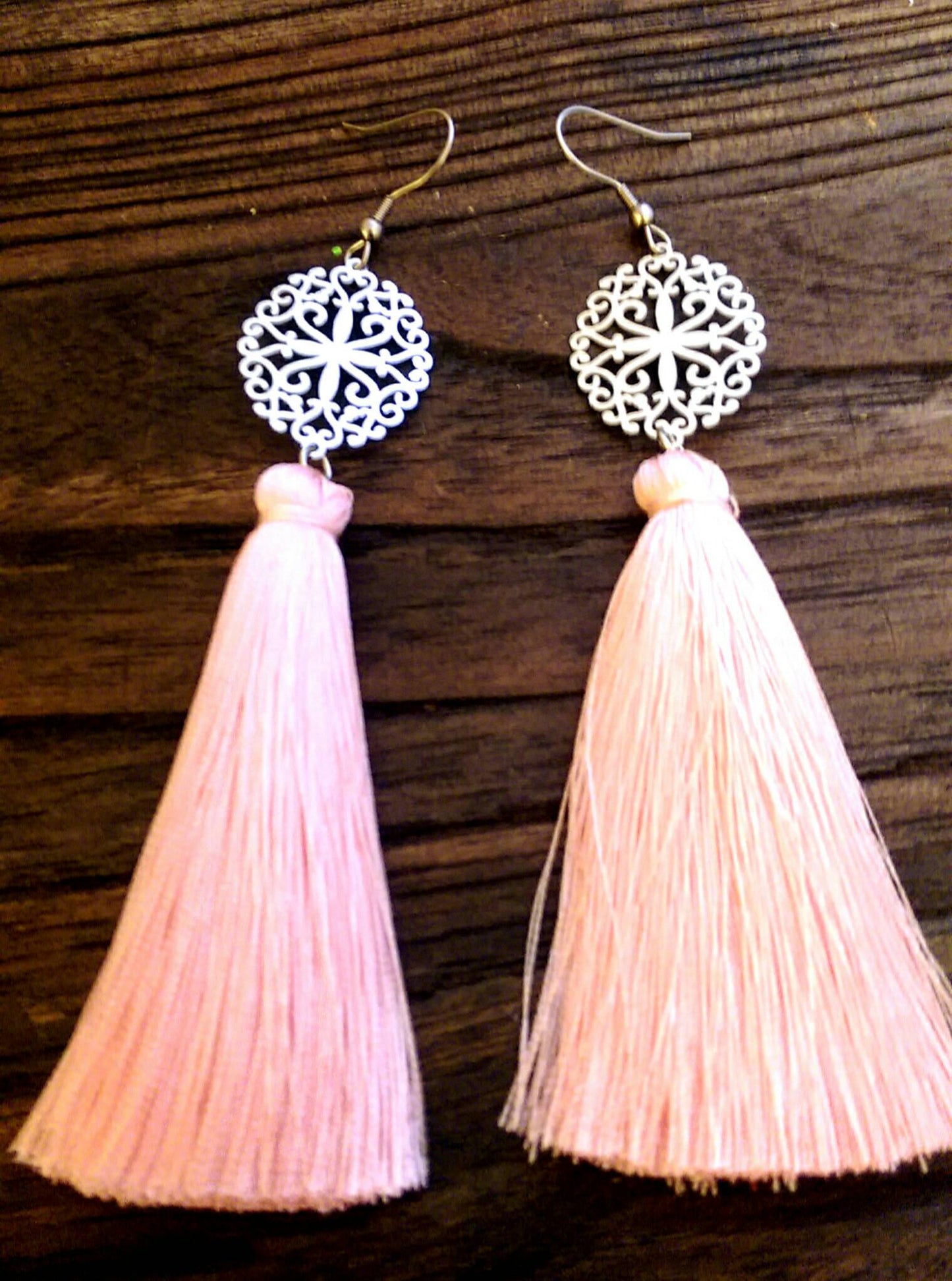 Stainless Steel Filigree Design Tassel Earrings. Choose Colour - Silver and Resin Designs