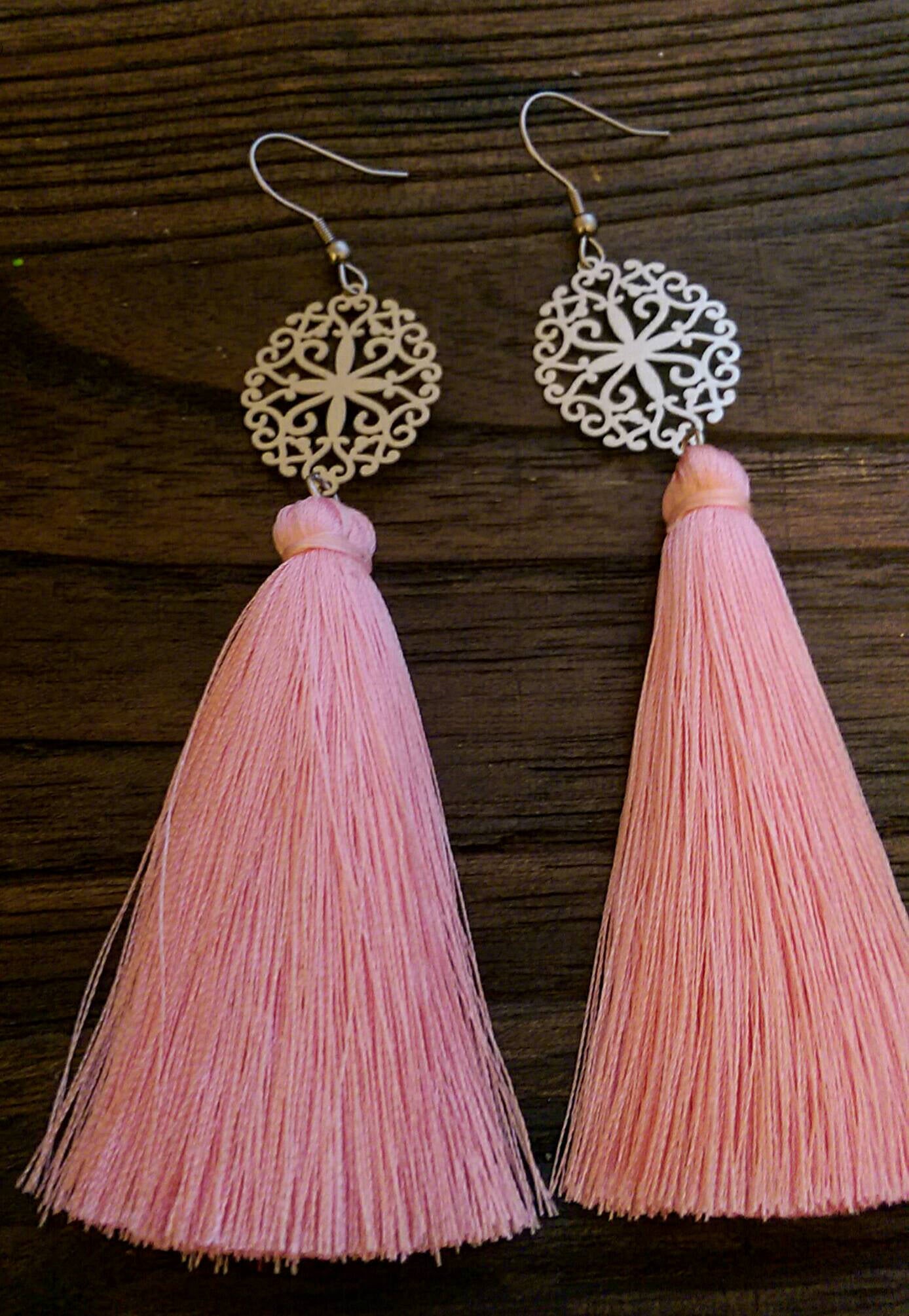 Stainless Steel Filigree Design Tassel Earrings. Choose Colour - Silver and Resin Designs