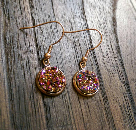 Sparkly Faux Druzy Stud Earrings made of Stainless Steel Rose Gold, Pink Rose Duzy